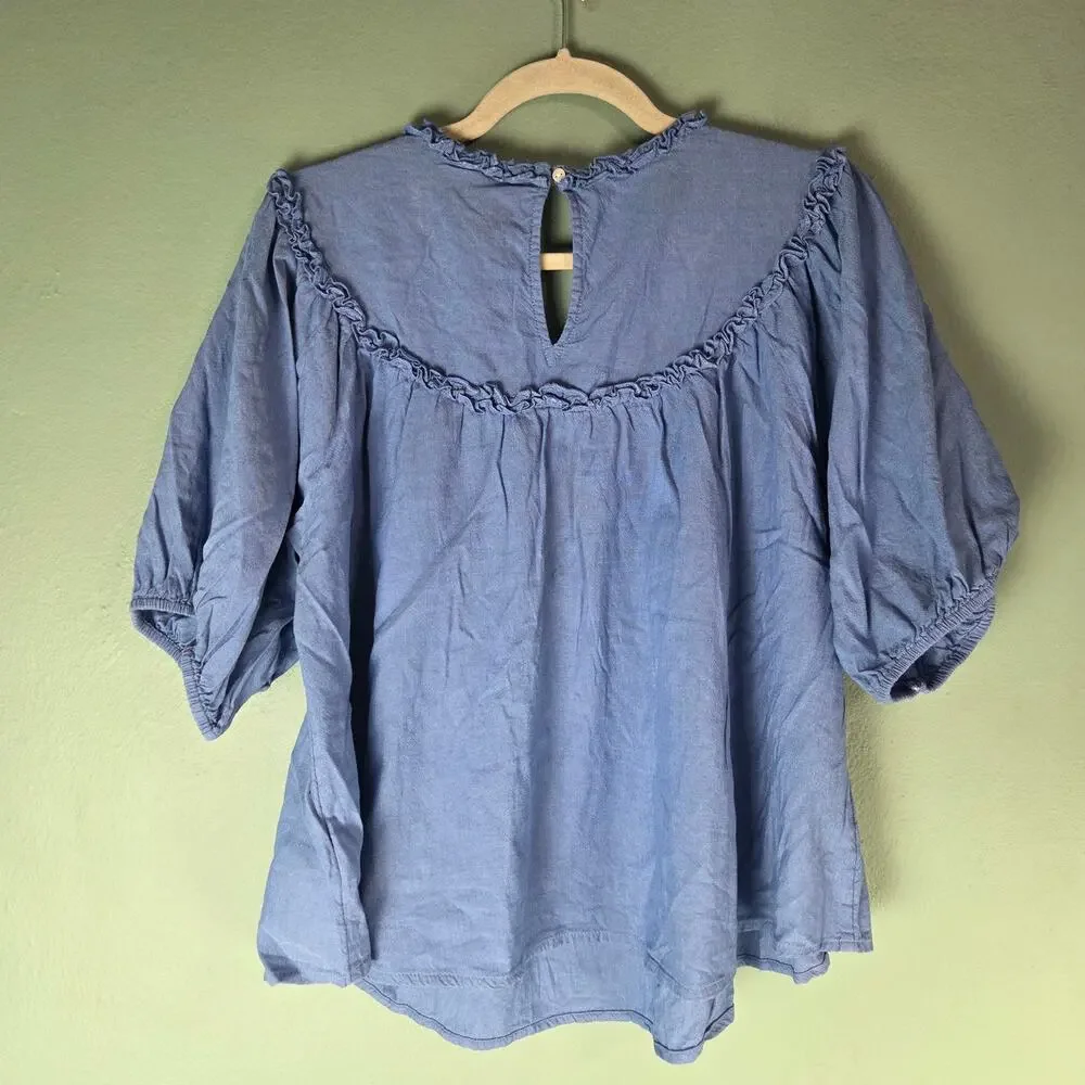 Old Navy Womens Cashmere Blue Oversized Ruffle Cutwork Short Sleeve Blouse Sz L